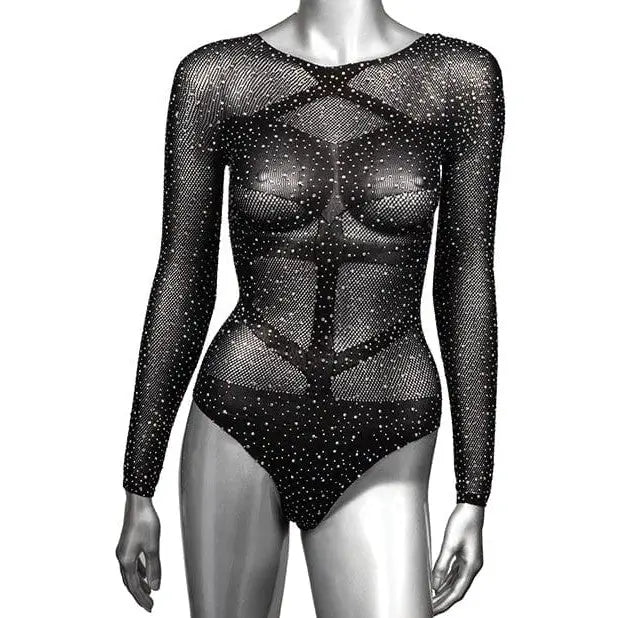 Woman in Radiance Long Sleeve Body Suit: Black with Silver Stars