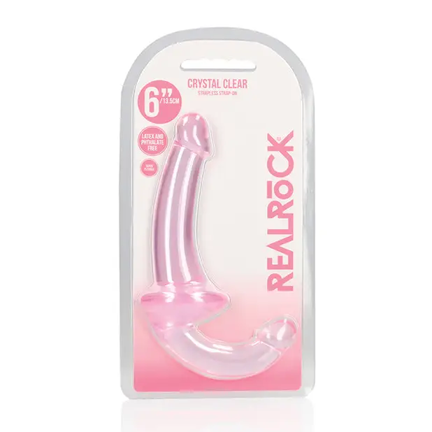 RealRock Crystal Clear 6 in. purple strapless strap-on dildo in clear plastic packaging