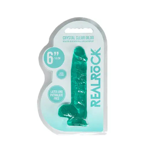 RealRock Crystal Clear Realistic 6 in. Dildo With Balls and Suction Cup Turquoise - Realistic Dildo