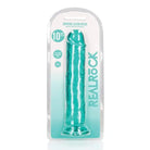 RealRock Crystal Clear Straight 10 in. Dildo Without Balls in Turquoise Retail Packaging