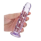 A hand holding a purple glass pipe from the RealRock Crystal Clear 7 in. Dildo collection