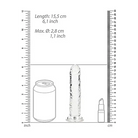 RealRock Crystal Clear Straight 7 in. Dildo Purple with a water bottle and ruler for size