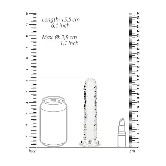 RealRock Crystal Clear Straight 7 in. Dildo Purple with a water bottle and ruler for size