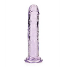 RealRock Crystal Clear Straight 7 in. Dildo Without Balls Purple against a white background