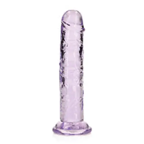 RealRock Crystal Clear Straight 7 in. Dildo Without Balls Purple against a white background