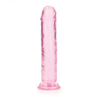 RealRock Crystal Clear Straight 7 in. Dildo Without Balls in vibrant pink on white background