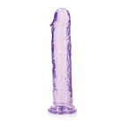 RealRock Crystal Clear Straight 7 in. Dildo Without Balls Purple on a white background