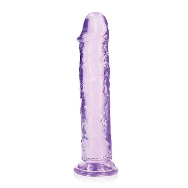 RealRock Crystal Clear Straight 7 in. Dildo Without Balls Purple on a white background