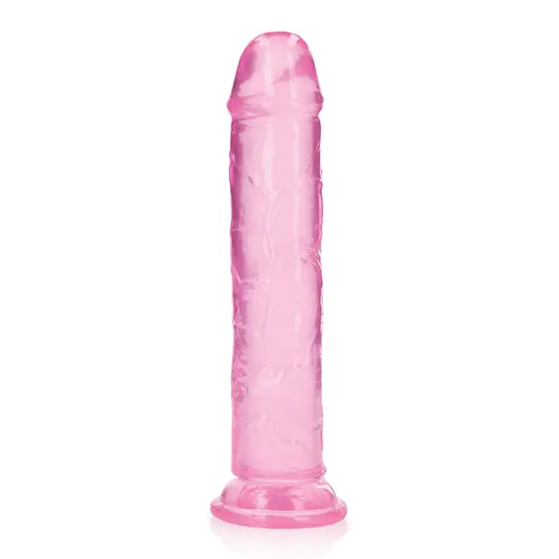 RealRock Crystal Clear Straight 7 in. Dildo Without Balls in Pink on White Background