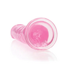 RealRock Crystal Clear pink glass plug with a hole, displayed with purple 7 in. dildo