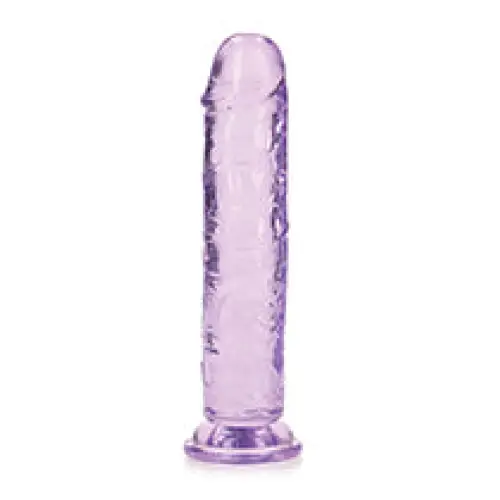 Purple RealRock Crystal Clear Straight 7 in. Dildo Without Balls on white background