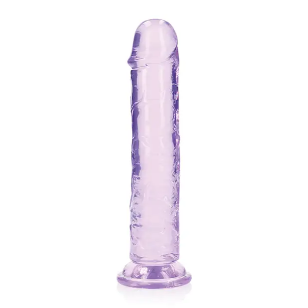 RealRock Crystal Clear Straight 7 in. Purple Dildo without Balls on White Background