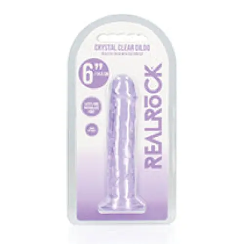 Close up of RealRock Crystal Clear 7 in. Dildo Without Balls on white background