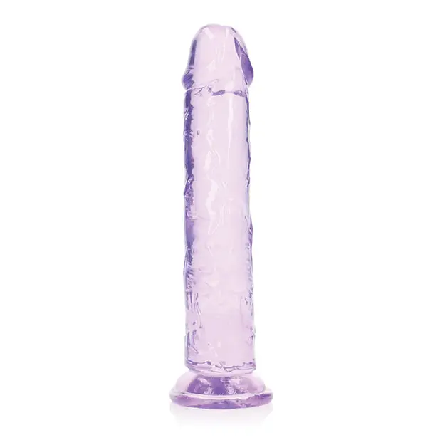 RealRock Crystal Clear Straight 7 in. Dildo Without Balls Purple on White Background