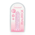 RealRock Crystal Clear Straight 7 in. Dildo Without Balls Purple next to a pink pen