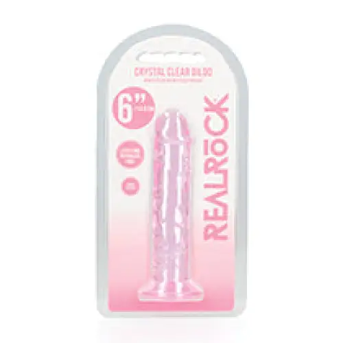 RealRock Crystal Clear Straight 7 in. Dildo Without Balls Purple next to a pink pen