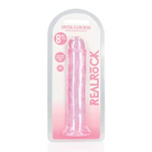 Close-up of RealRock Crystal Clear Straight 7 in. Dildo Without Balls in Purple packaging