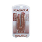 Close-up of RealRock Double Trouble 5 in./6 in. Dildo Tan vibrating device in package