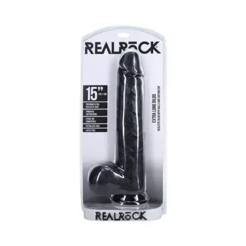 RealRock Extra Long 15 in. Dildo with Balls Black - Realistic Dildo