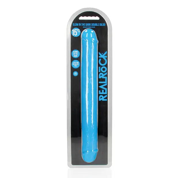 RealRock Glow in the Dark Double Dong 15 in. Dual-Ended Dildo Neon Blue - Blue - Double Ended Dildo