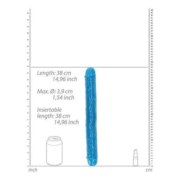 RealRock Glow in the Dark Dual Ended Dildo Neon Blue - Textured, 15 in., Double Dong