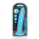 RealRock Glow in the Dark Slim 9 in. Dildo Neon Blue in retail packaging