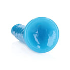 RealRock Glow in the Dark Slim 9 in. Dildo Neon Blue with a bright blue funnel-shaped top