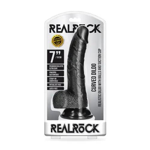 RealRock Realistic 7 in. Curved Dildo With Balls and Suction Cup Black - Realistic Dildo