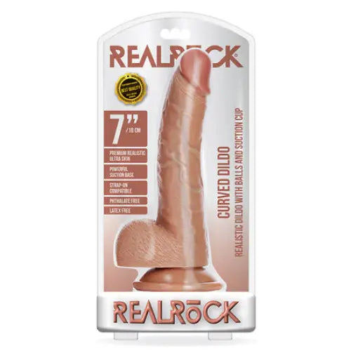 RealRock Realistic 7 in. Curved Dildo With Balls and Suction Cup Tan - Realistic Dildo