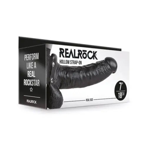 RealRock Realistic 7 in. Hollow Strap-On With Balls Black - Realistic Dildo