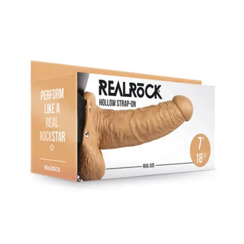 RealRock Realistic 7 in. Hollow Strap-On With Balls Tan - Realistic Dildo