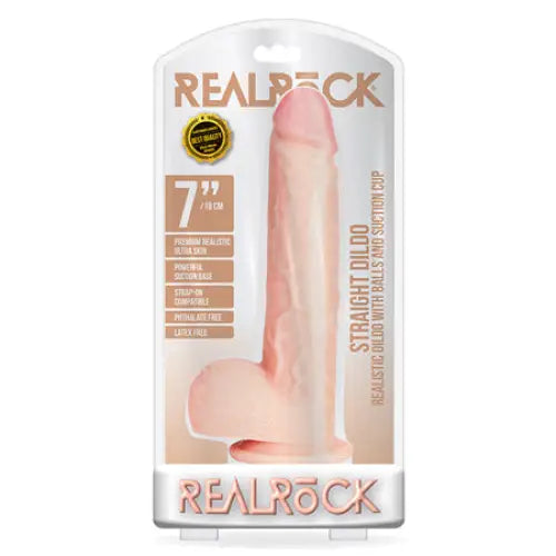 RealRock Realistic 7 in. Straight Dildo With Balls and Suction Cup Beige - Realistic Dildo