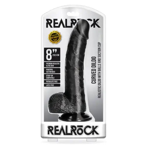 RealRock Realistic 8 in. Curved Dildo With Balls and Suction Cup Black - Realistic Dildo