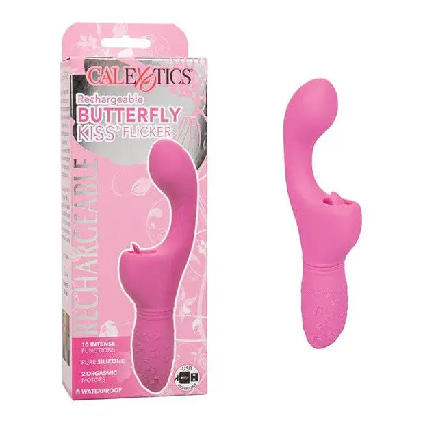 Rechargeable Butterfly Kiss Flicker - Pink silicone vibrator with curved shape and butterfly