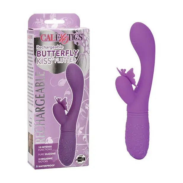 Rechargeable Butterfly Kiss Flutter Rabbit: Purple silicone vibrator with butterfly attachment