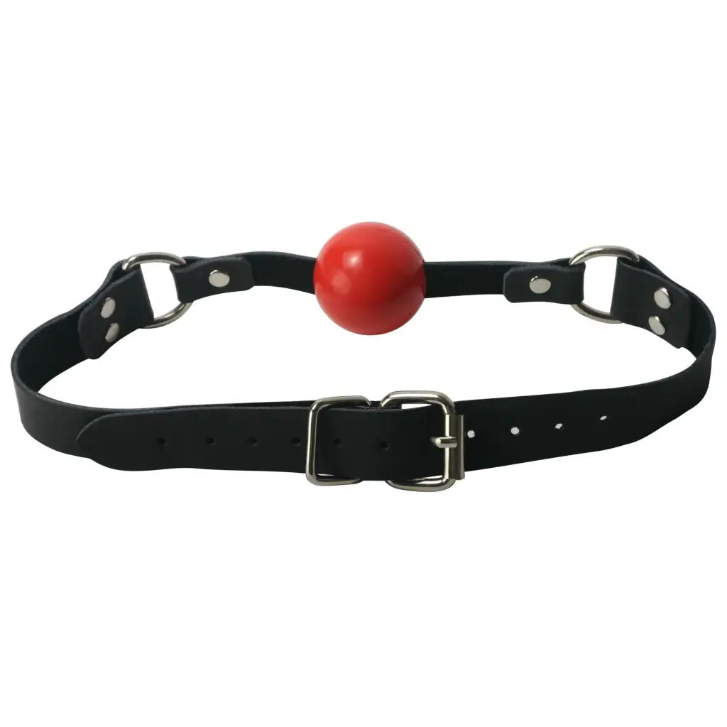 Red silicone ball gag with black leather collar for comfortable and secure restraint