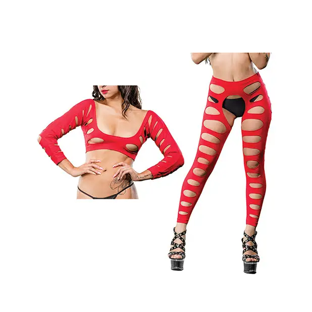 Red Variegated Holes Crotchless Legging - One Size Fits Most / Red - Pantyhose