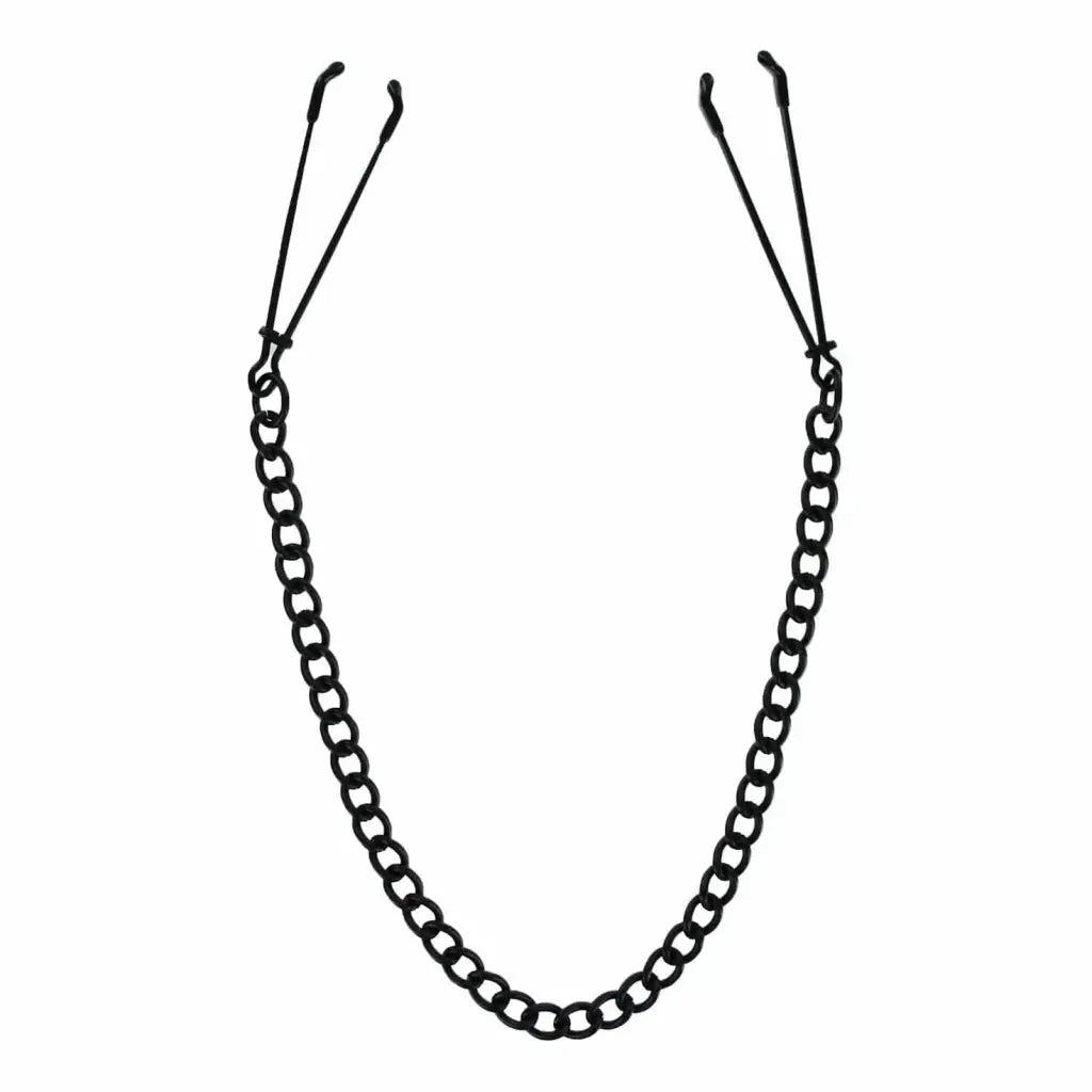 Reign Noir Black Nipple Tweezer Clamps with a stylish black chain necklace and hooks