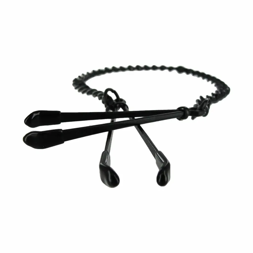 Black zipper-style headphones for Reign Noir Black Nipple Tweezer Clamps with chain cord