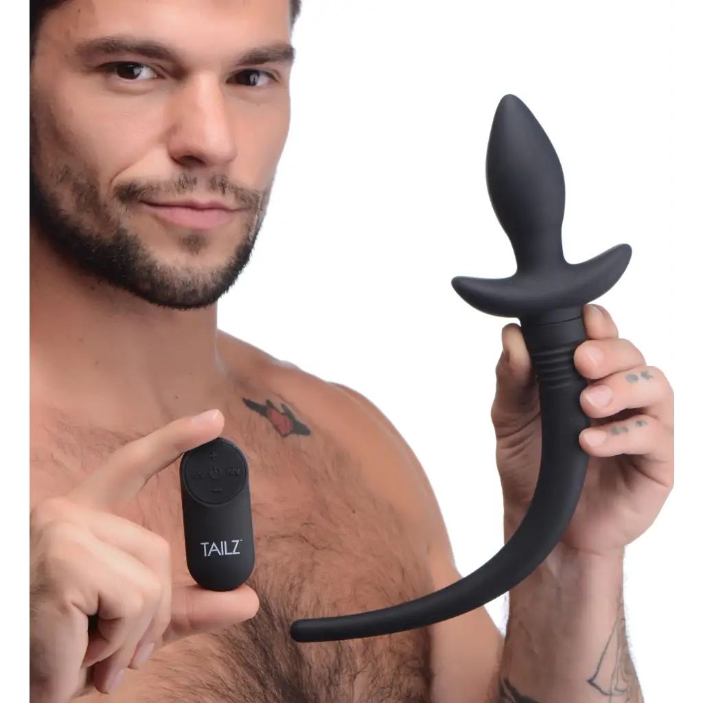 Tailz Tail Plug Black Remote Control Wagging And Vibrating Puppy Tail Anal Plug at the Haus of Shag