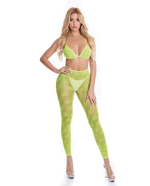 Rene Rofe Lingerie Set One Size Fits Most / Green Pink Lipstick 'All About Leaf' Bra & Leggings Set by Rene Rofe at the Haus of Shag