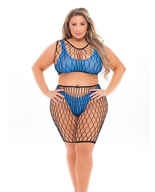 Rene Rofe Lingerie Set One Size Fits Most (Queen) / Blue Pink Lipstick 'Brace For Impact' Fishnet Top, Shorts, Bra & Thong by Rene Rofe at the Haus of Shag