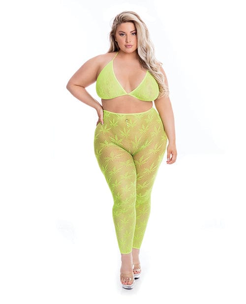 Rene Rofe Lingerie Set One Size Fits Most (Queen) / Green Pink Lipstick 'All About Leaf' Bra & Leggings Set by Rene Rofe at the Haus of Shag