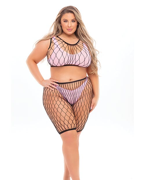 Rene Rofe Lingerie Set One Size Fits Most (Queen) / Pink Pink Lipstick 'Brace For Impact' Fishnet Top, Shorts, Bra & Thong by Rene Rofe at the Haus of Shag