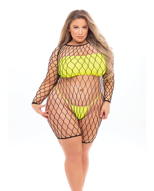 Rene Rofe Lingerie Set One Size Fits Most (Queen) / Yellow Pink Lipstick 'Dance With Me' Fishnet Romper, Bandeau Top & G-string by Rene Rofe at the Haus of Shag