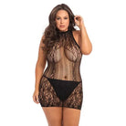 Rene Rofe Reckless Lace Mini Dress with sheer panels and high neckline