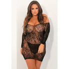 Woman in a black Rene Rofe Seductive Lace Dress with long sleeves