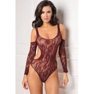 Burgundy lace bodysuit with cold-shoulder sleeves and cutout details by Rene Rofe Set