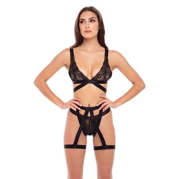 Rene Rofe Straps & Garters Bra Set: Black lace bra and bottoms with decorative bands