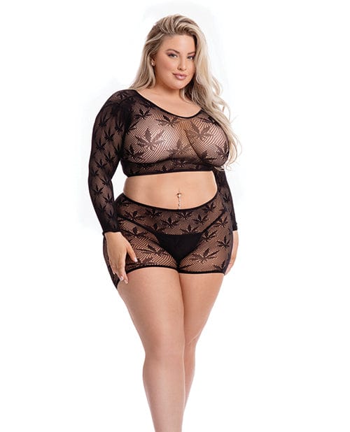 Rene Rofe Two Piece Outfit Black / One Size Fits Most (Queen) Pink Lipstick 'Leaf It To Me' Long Sleeve Crop Top & Short by Rene Rofe at the Haus of Shag